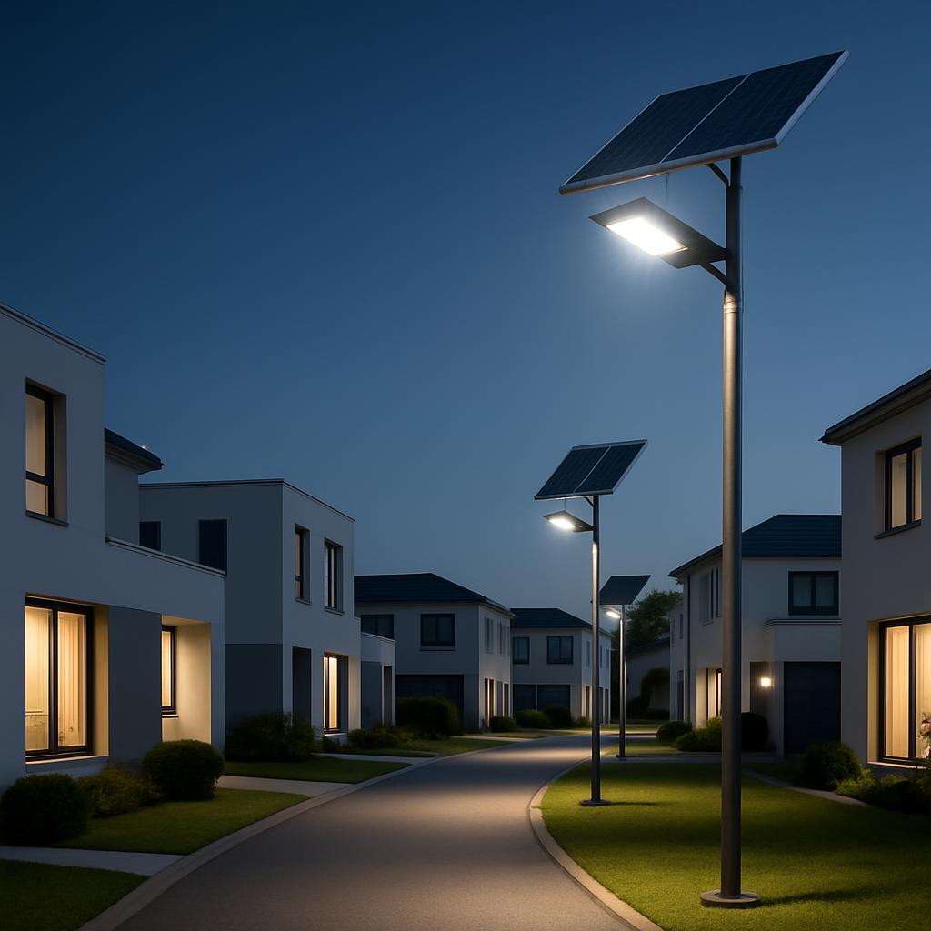 Un llano asfaltado meandro recibe a través de un sendero de grava dos sendas de luz eléctrica similares. Ambas lámparas es...